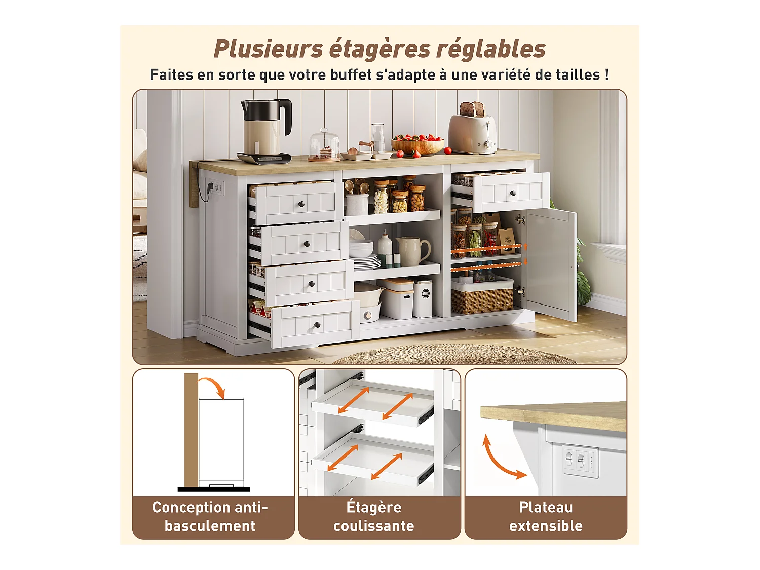 Aparador de cocina, isla central con almacenaje y encimera plegable, 5 cajones, color blanco