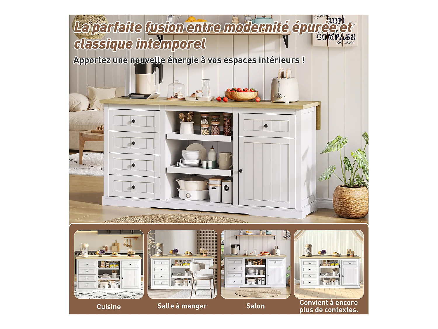 Aparador de cocina, isla central con almacenaje y encimera plegable, 5 cajones, color blanco