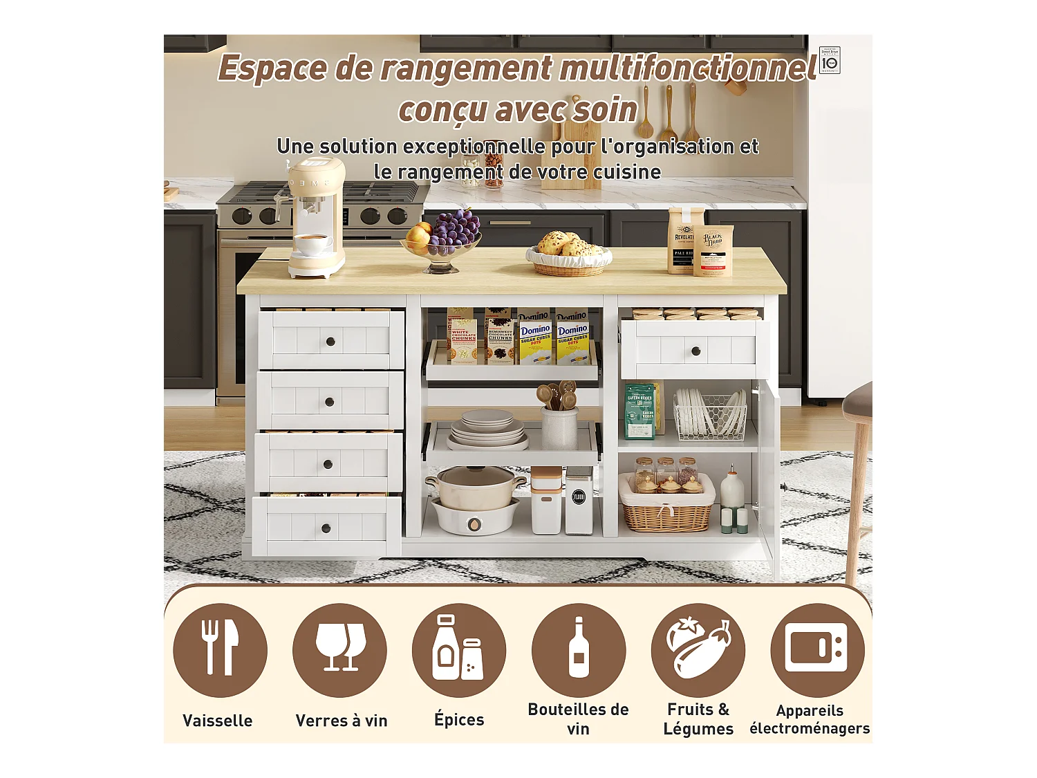 Aparador de cocina, isla central con almacenaje y encimera plegable, 5 cajones, color blanco