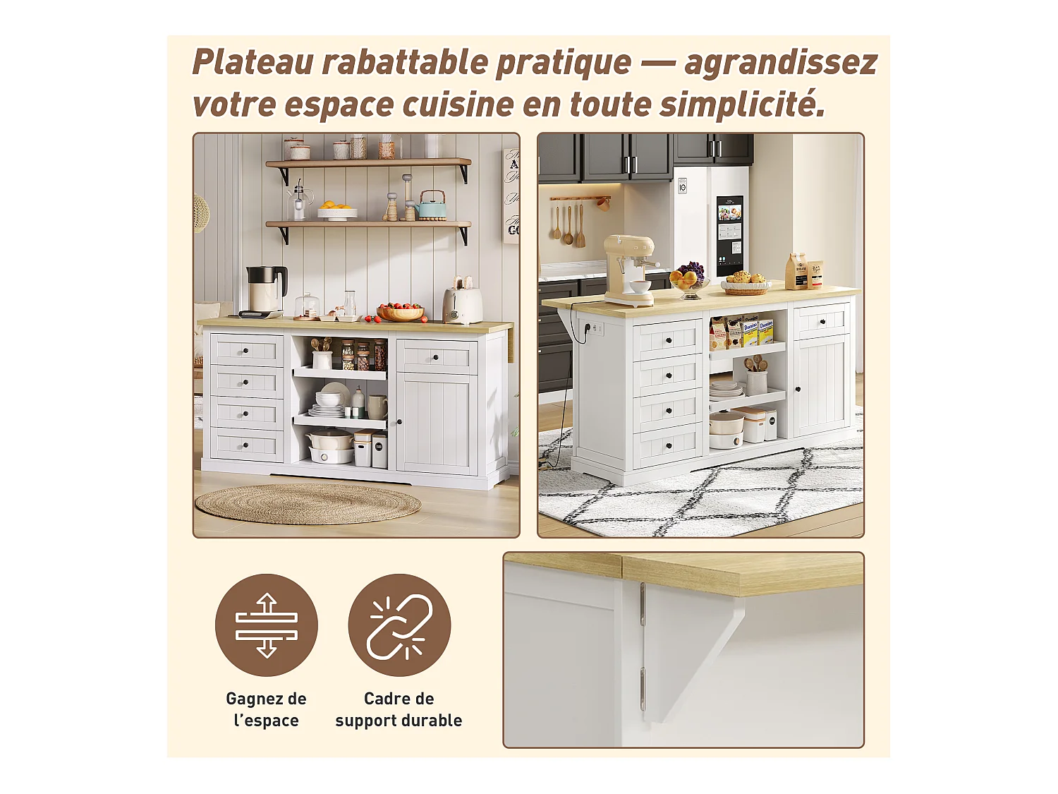 Aparador de cocina, isla central con almacenaje y encimera plegable, 5 cajones, color blanco