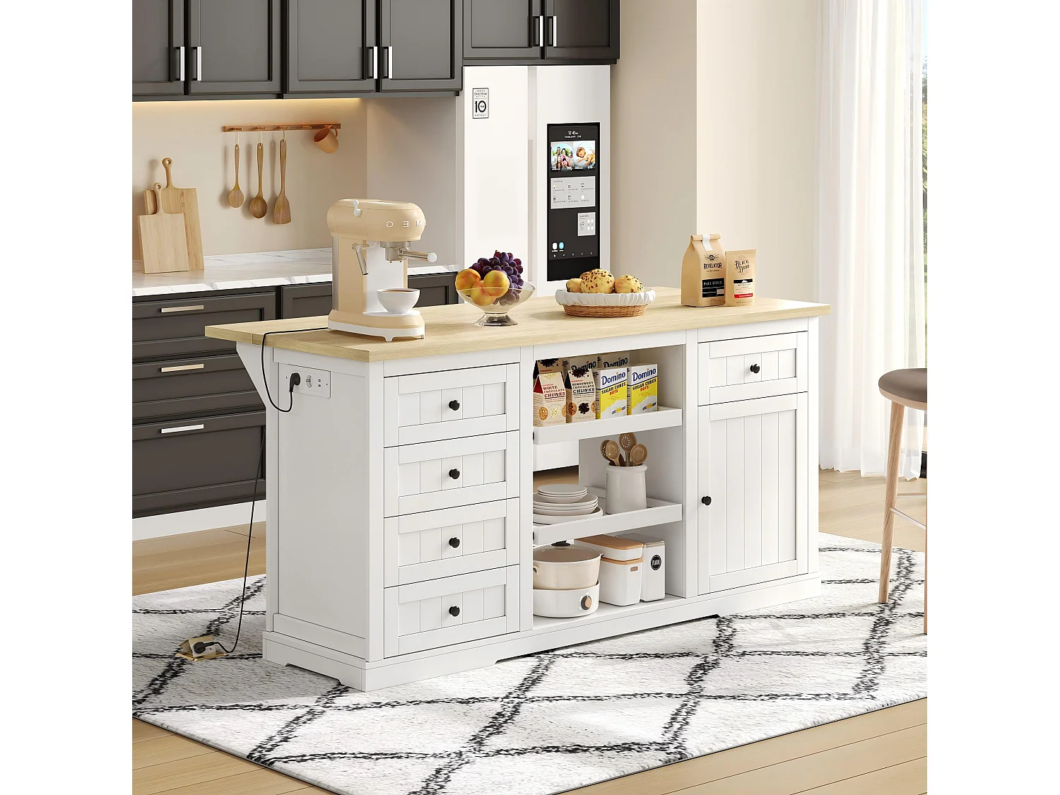 Buffet Cuisine, ilot Central Cuisine avec Rangement et Plan de Travail Pliable, 5 Tiroirs, Blanc