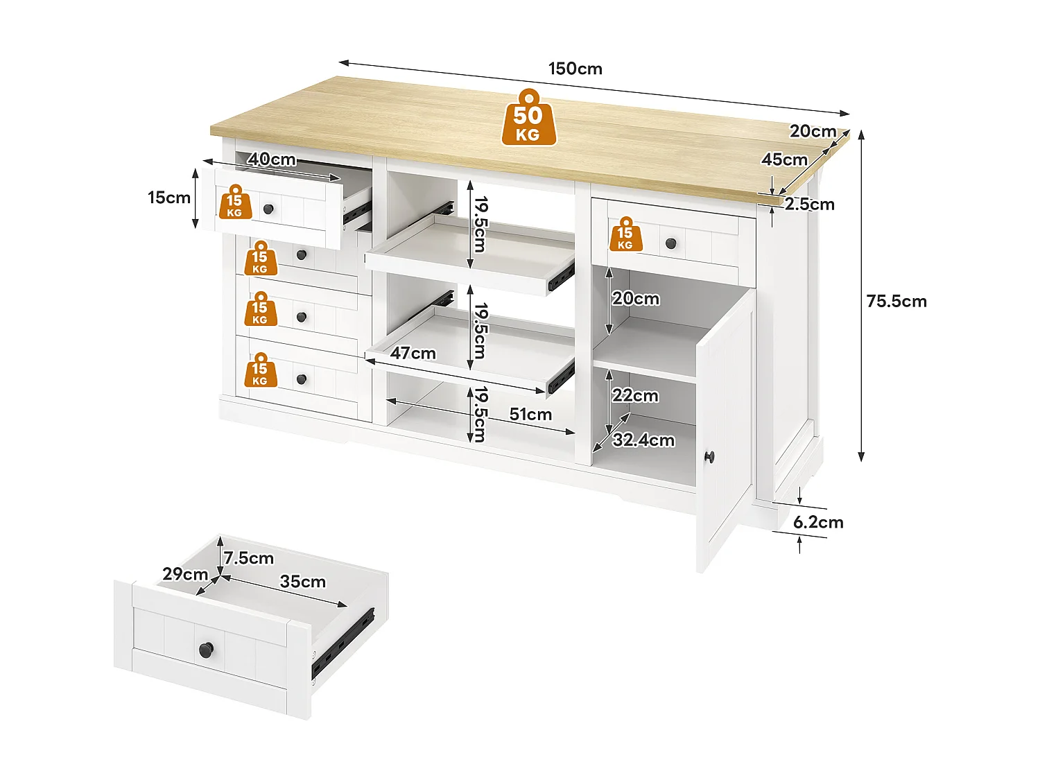Buffet Cuisine, ilot Central Cuisine avec Rangement et Plan de Travail Pliable, 5 Tiroirs, Blanc