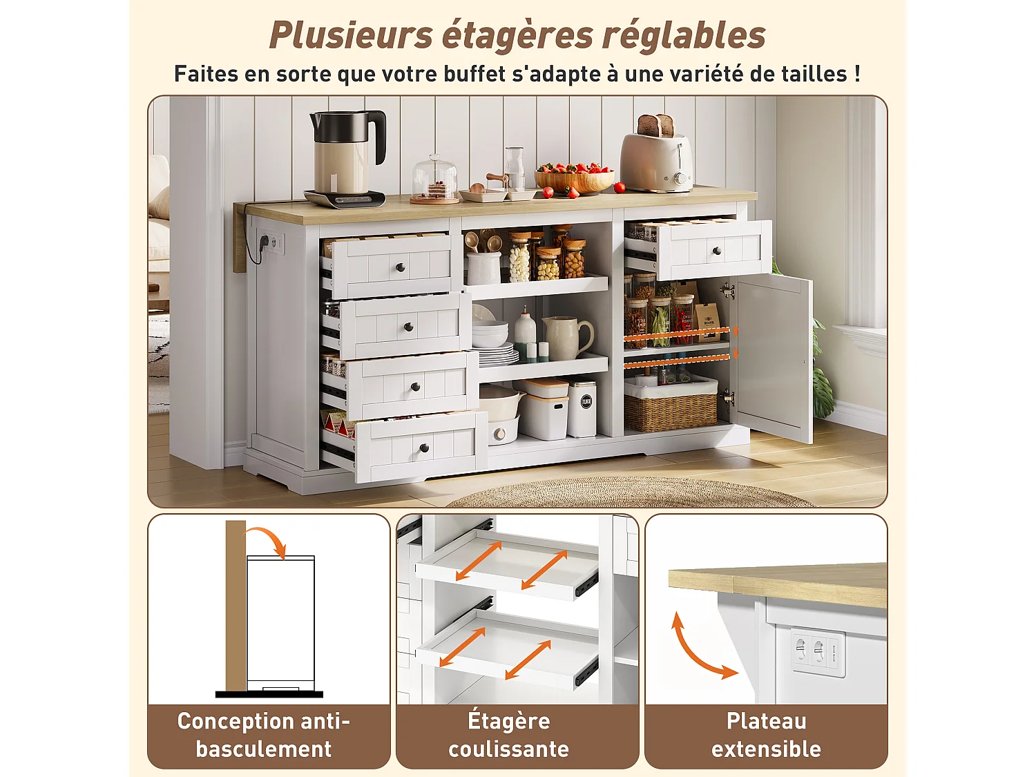 Buffet Cuisine, ilot Central Cuisine avec Rangement et Plan de Travail Pliable, 5 Tiroirs, Blanc