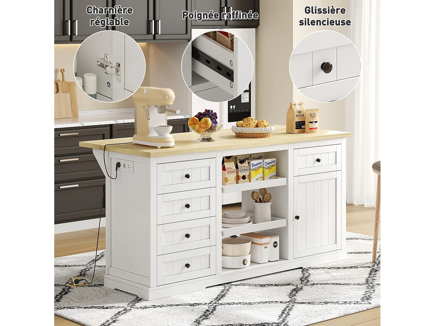 Buffet Cuisine, ilot Central Cuisine avec Rangement et Plan de Travail Pliable, 5 Tiroirs, Blanc