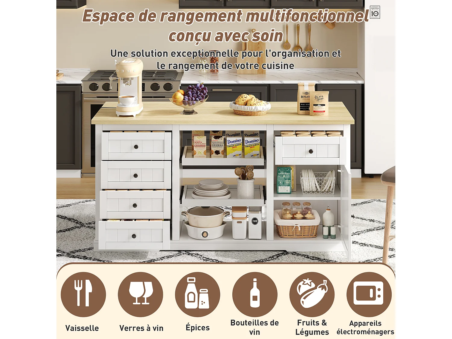 Buffet Cuisine, ilot Central Cuisine avec Rangement et Plan de Travail Pliable, 5 Tiroirs, Blanc