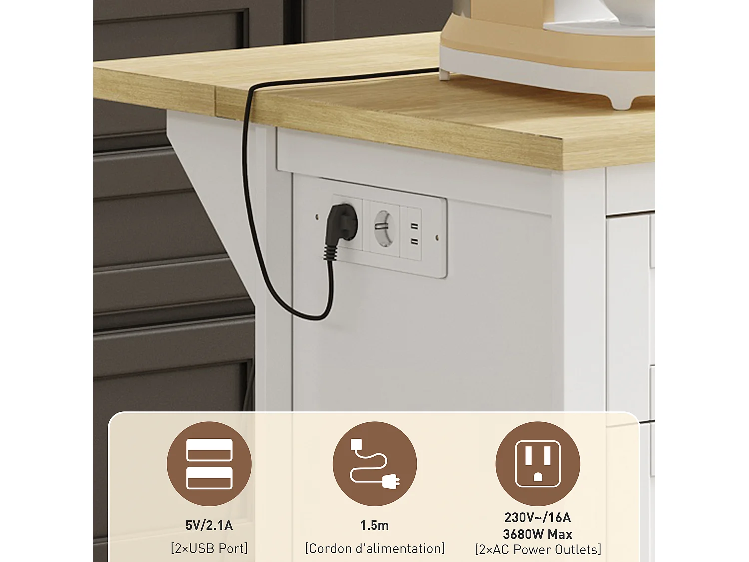 Buffet Cuisine, ilot Central Cuisine avec Rangement et Plan de Travail Pliable, 5 Tiroirs, Blanc