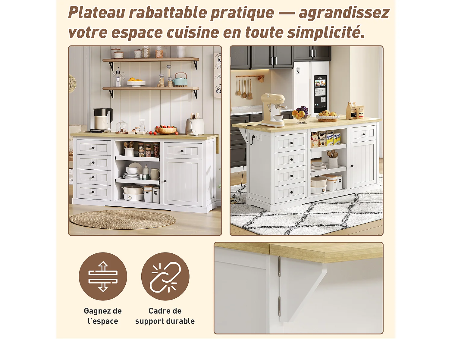 Buffet Cuisine, ilot Central Cuisine avec Rangement et Plan de Travail Pliable, 5 Tiroirs, Blanc