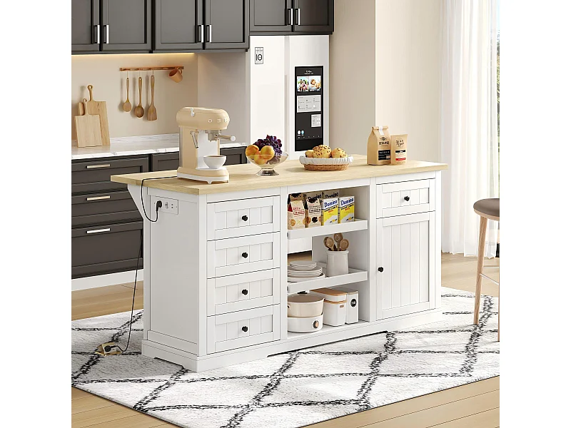 Buffet Cuisine, ilot Central Cuisine avec Rangement et Plan de Travail Pliable, 5 Tiroirs, Blanc