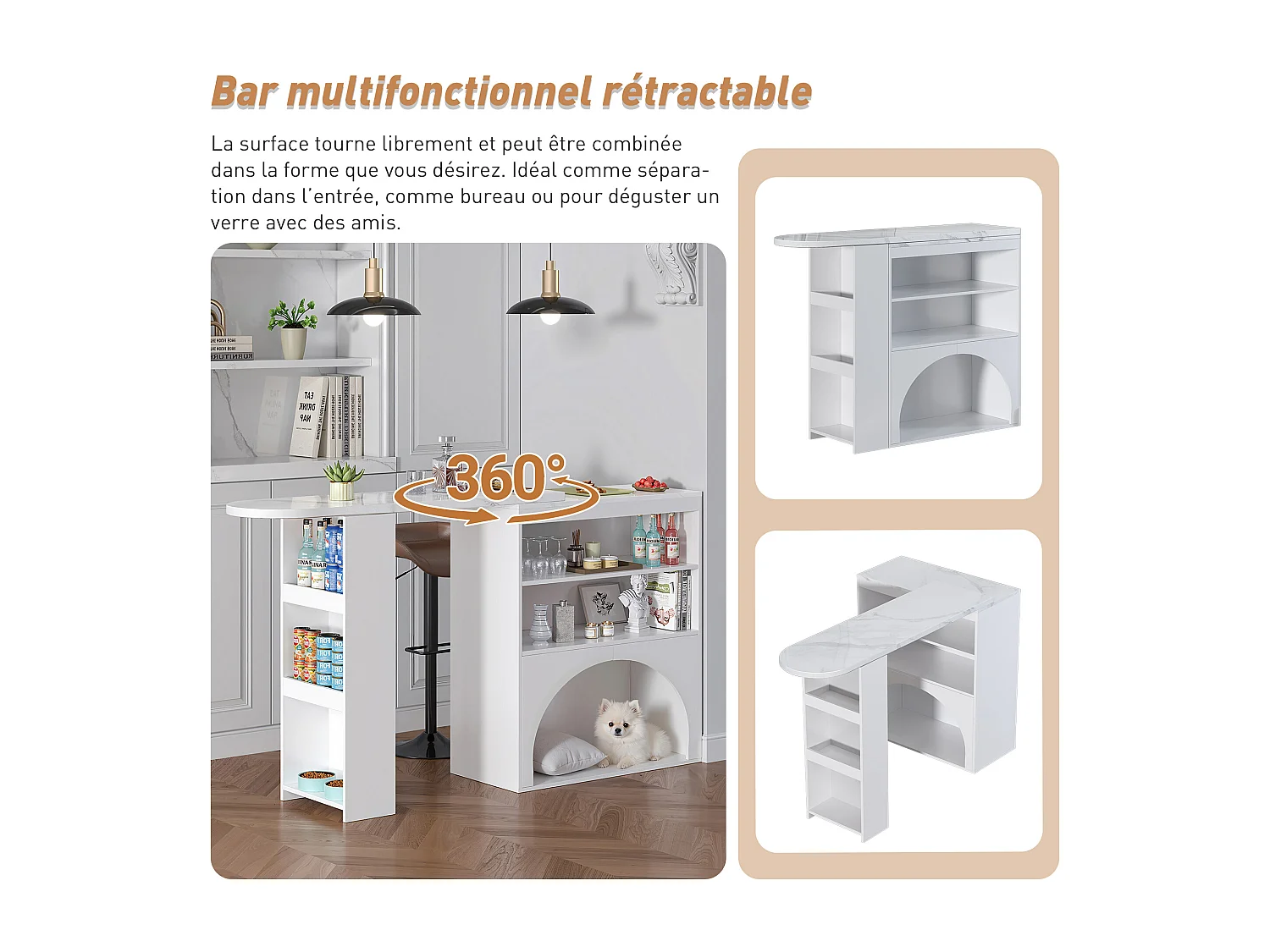 Table à Manger Extensible et Table de Bar Rotative Haute 120(+80)×40×100 cm avec Espace pour Animaux