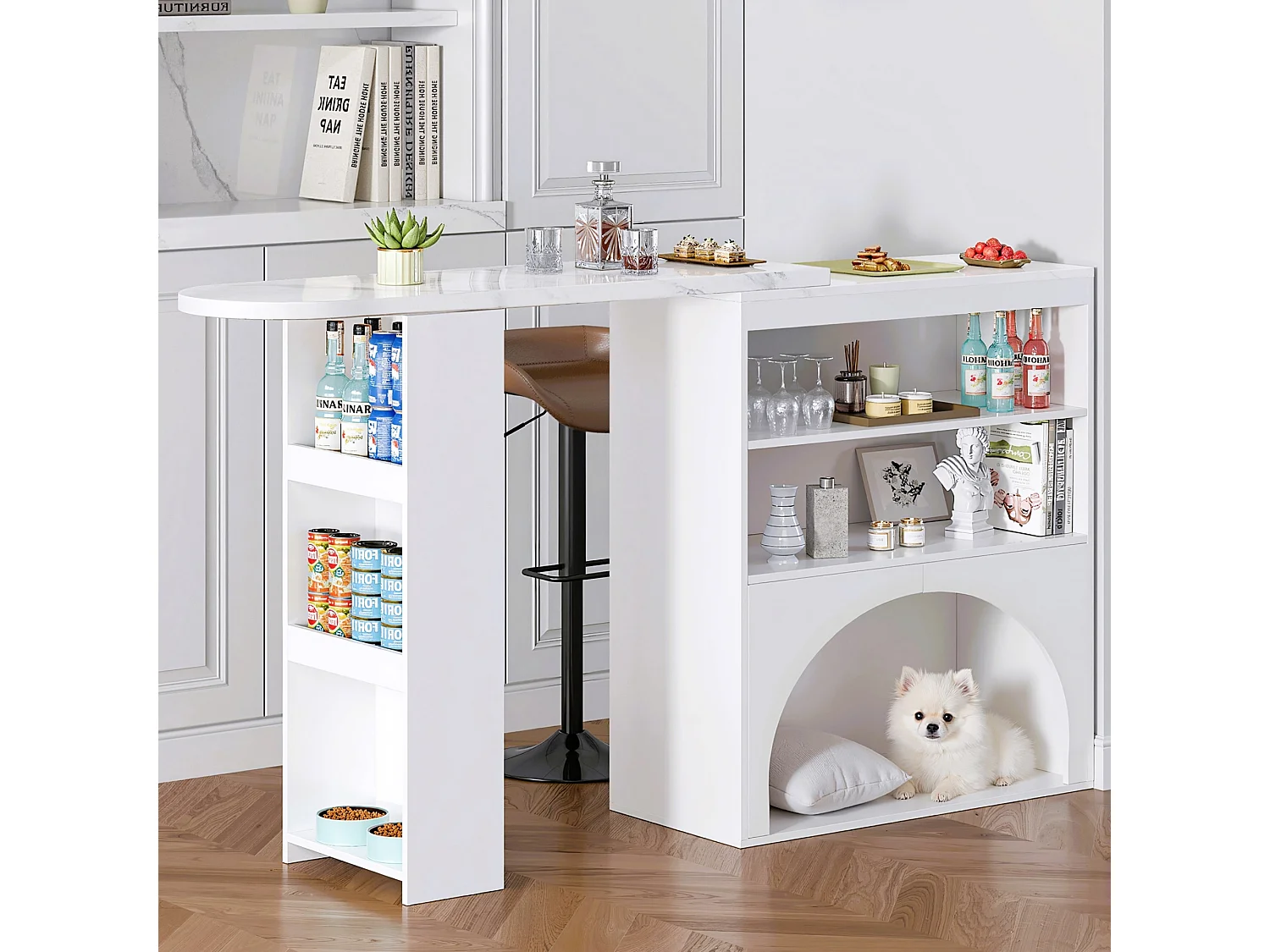 Mesa de jantar extensível e mesa de bar alta giratória 120(+80)×40×100 cm com espaço para animais de estimação