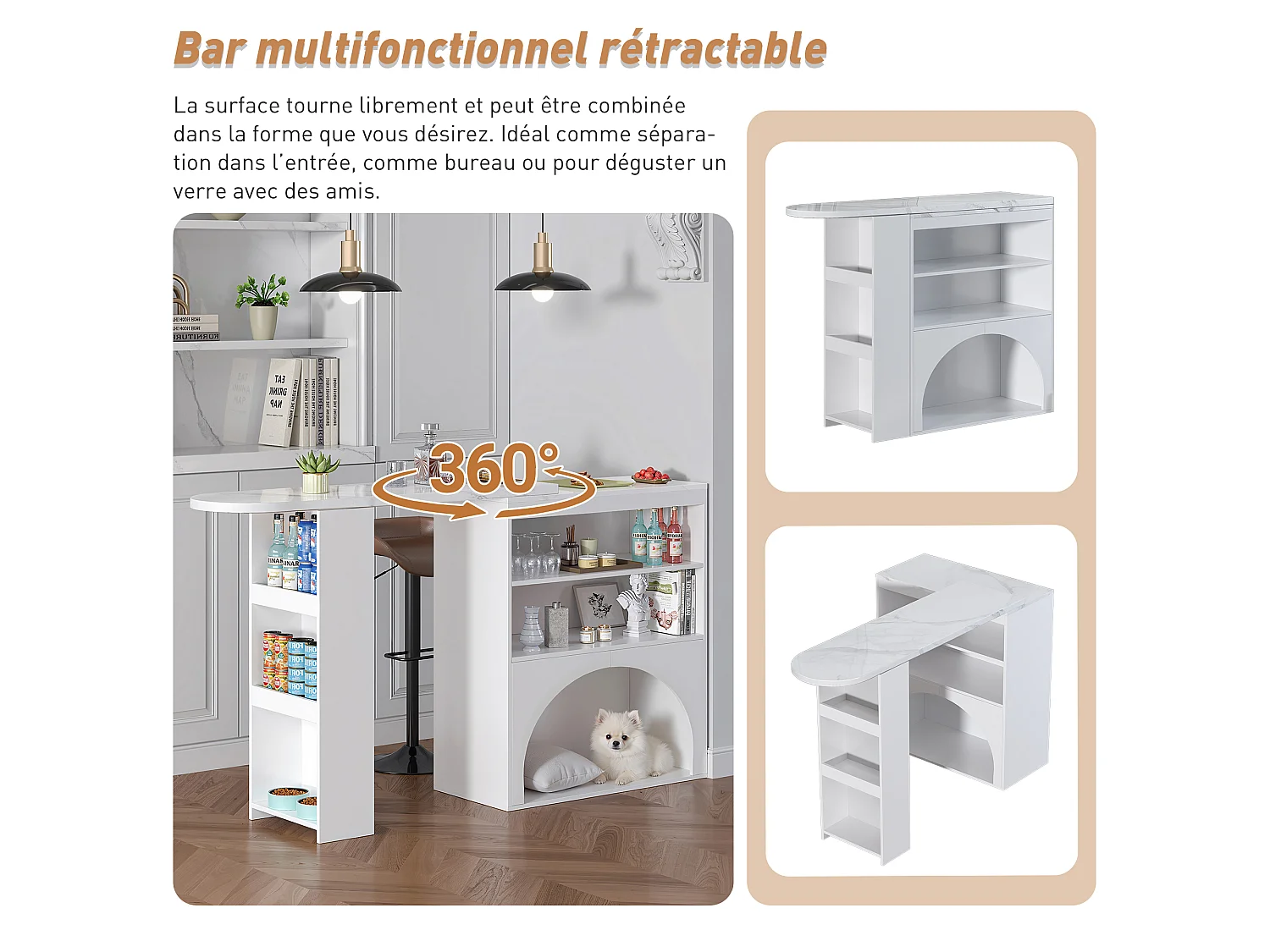 Mesa de jantar extensível e mesa de bar alta giratória 120(+80)×40×100 cm com espaço para animais de estimação