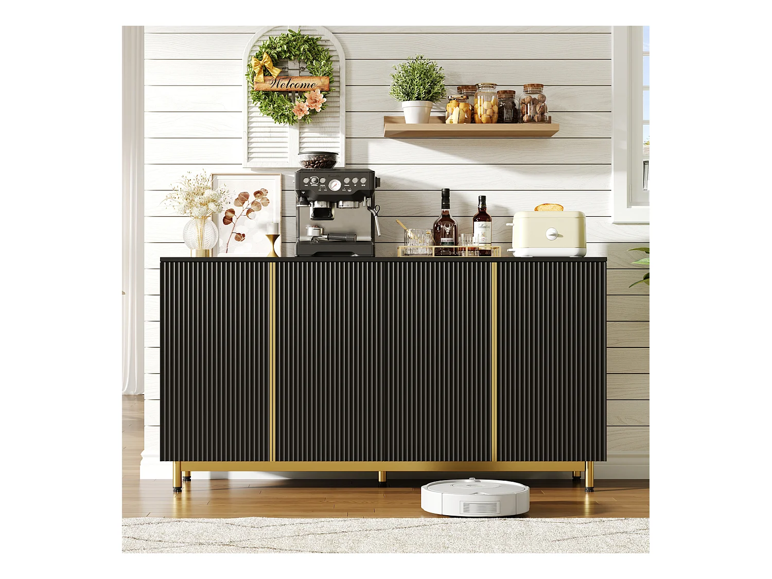 Buffet 150 cm, Armoire Buffet avec Portes cannelées ondulées, Pieds métalliques réglables, Noir