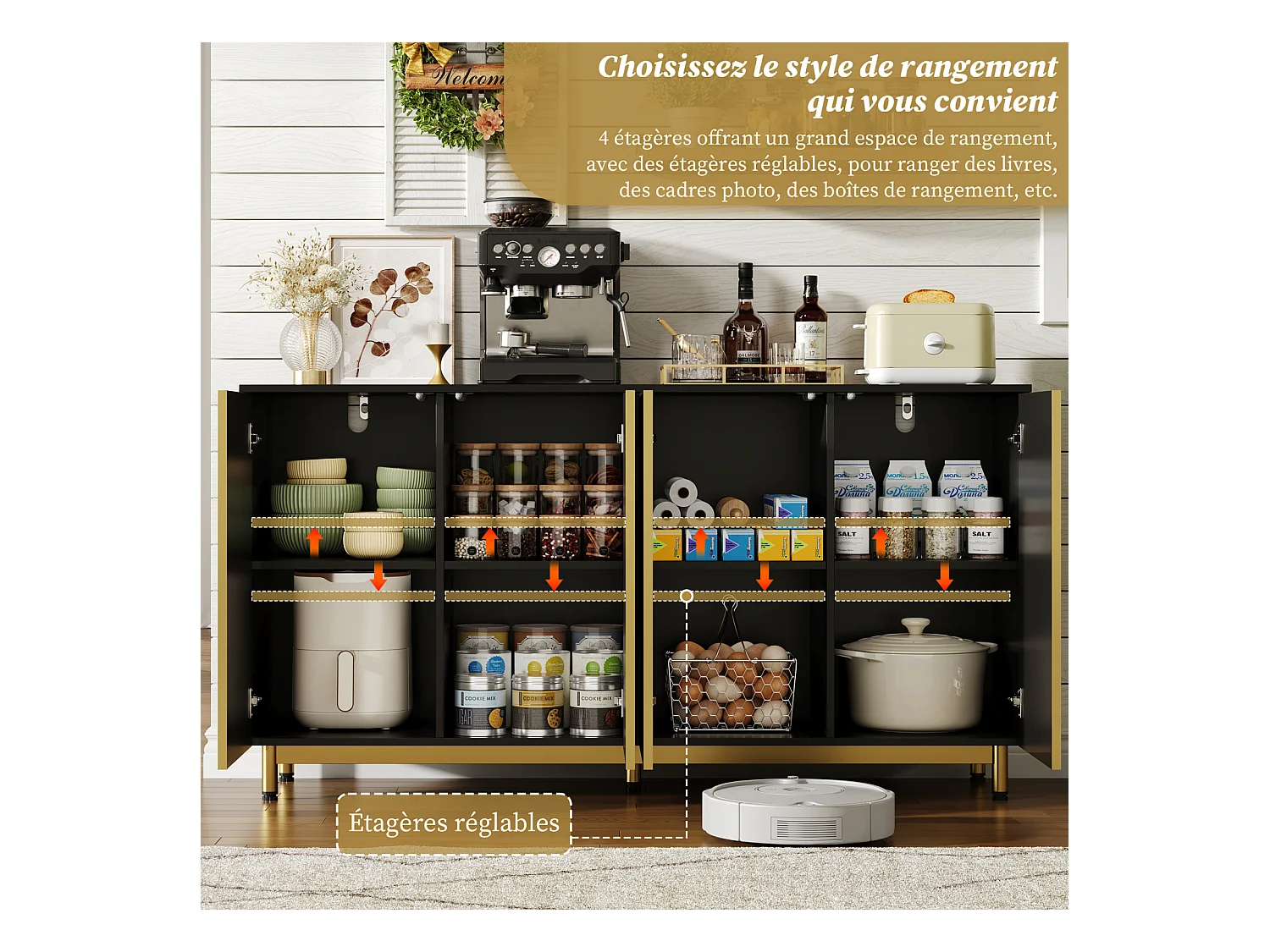 Buffet 150 cm, Armoire Buffet avec Portes cannelées ondulées, Pieds métalliques réglables, Noir