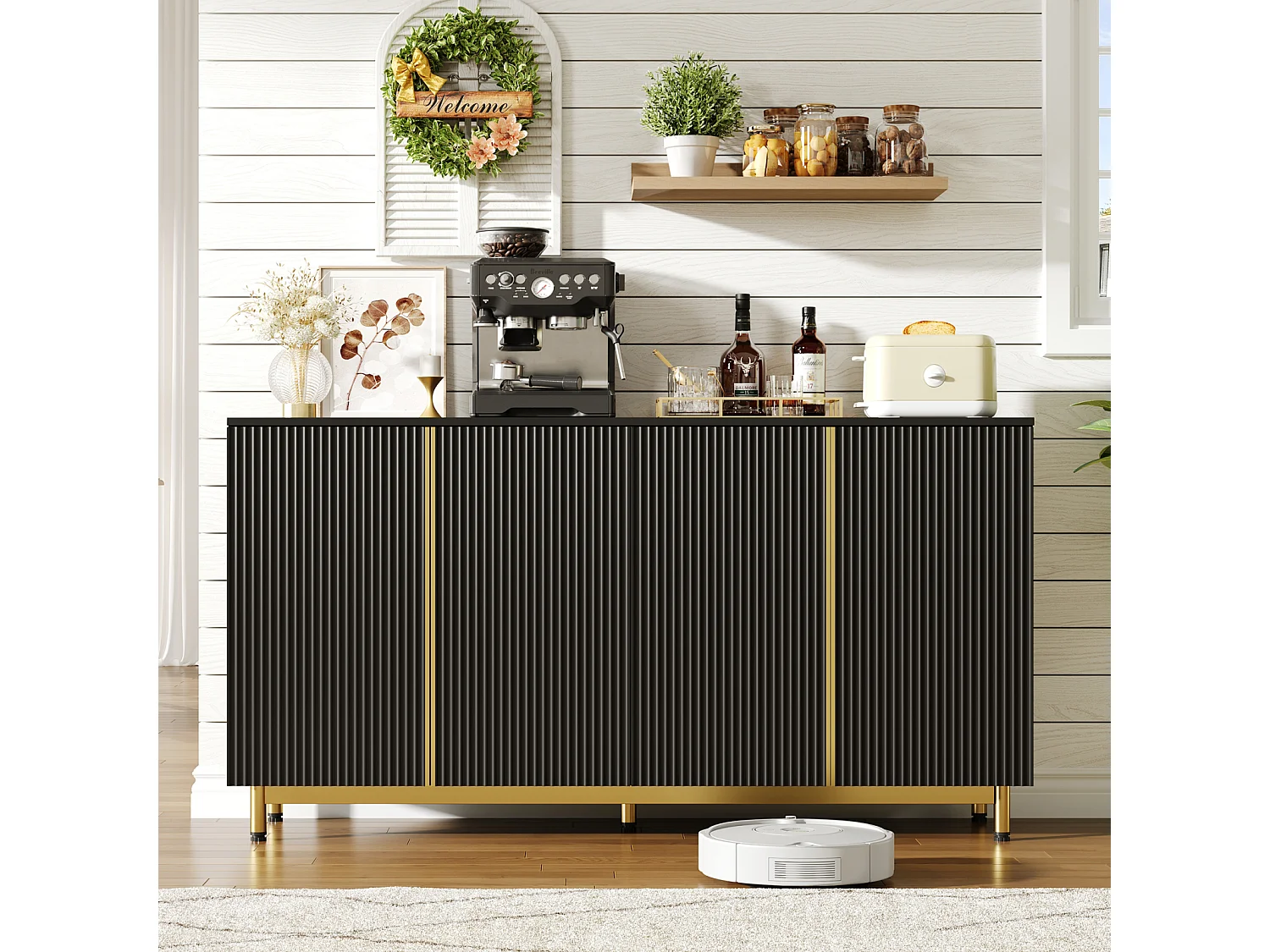 Buffet 150 cm, Armoire Buffet avec Portes cannelées ondulées, Pieds métalliques réglables, Noir