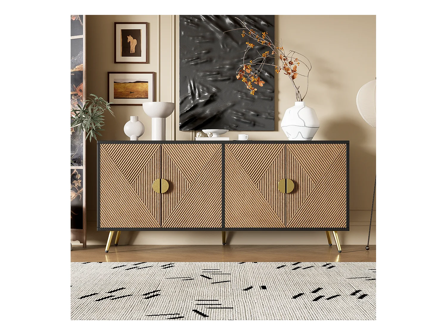 Buffet de salon, avec 4 portes, poignées dorées brossées et pieds de table brillants, noir