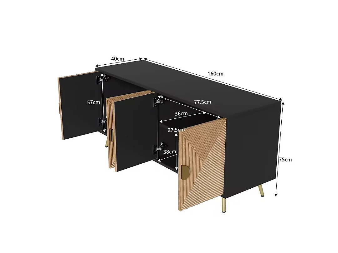 Dressoir, met 4 deuren, geborstelde gouden handgrepen en glanzende tafelpoten, zwart