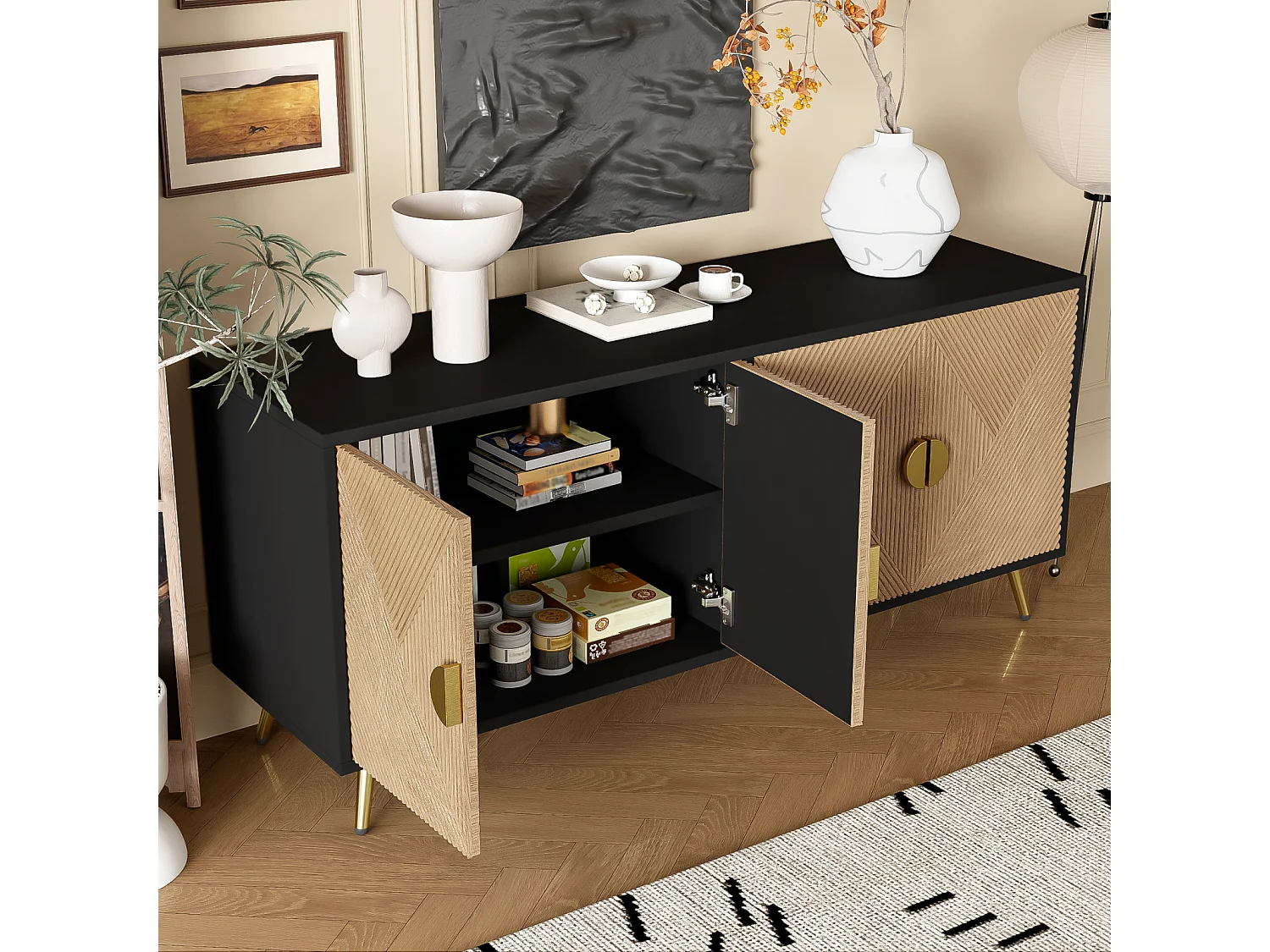 Dressoir, met 4 deuren, geborstelde gouden handgrepen en glanzende tafelpoten, zwart