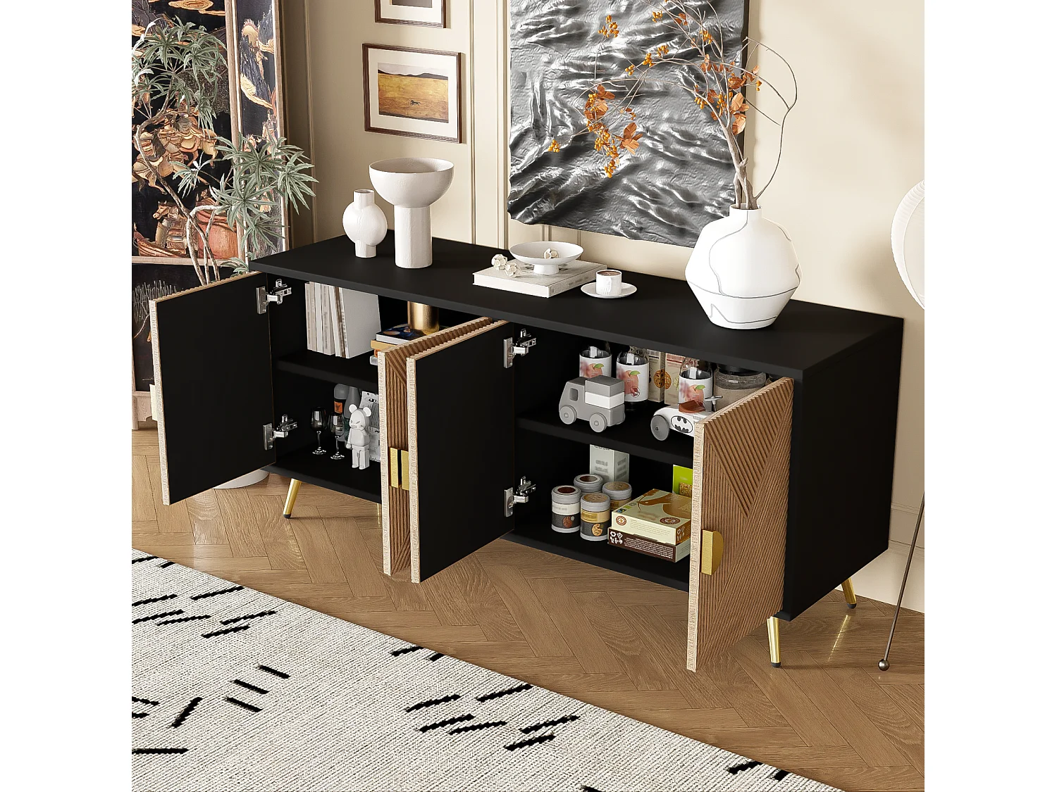 Dressoir, met 4 deuren, geborstelde gouden handgrepen en glanzende tafelpoten, zwart