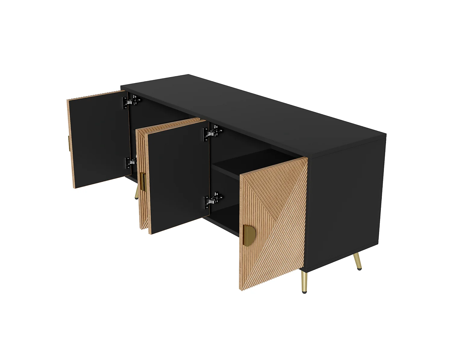 Dressoir, met 4 deuren, geborstelde gouden handgrepen en glanzende tafelpoten, zwart