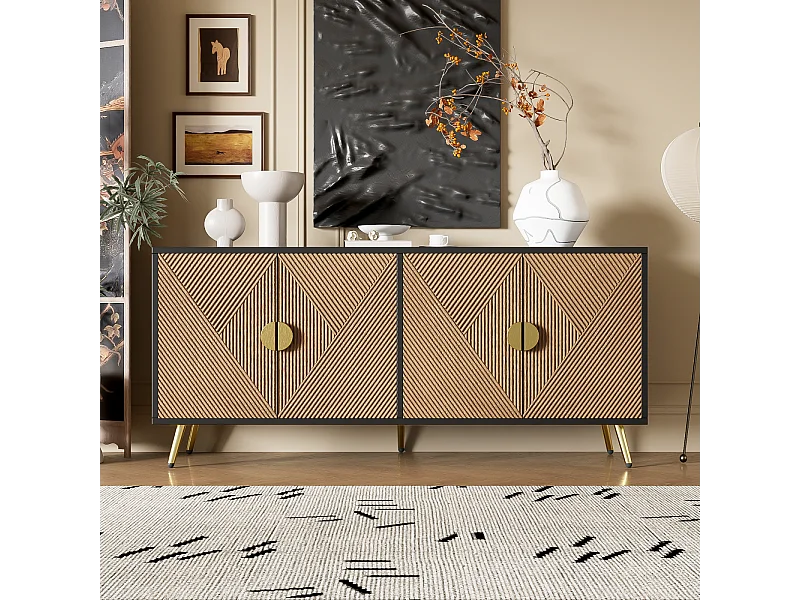 Dressoir, met 4 deuren, geborstelde gouden handgrepen en glanzende tafelpoten, zwart