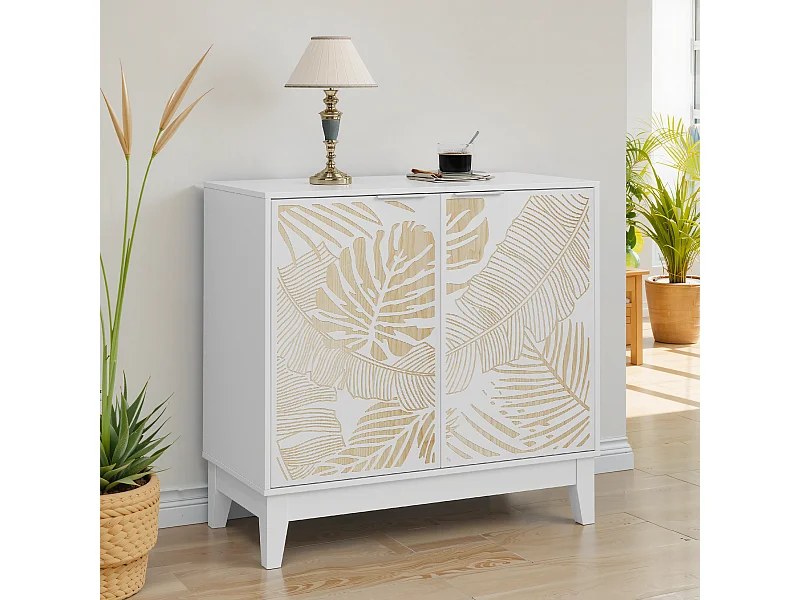 Buffet de buffet vintage avec sculpture florale, avec portes et étagères réglables, pour salon,Blanc