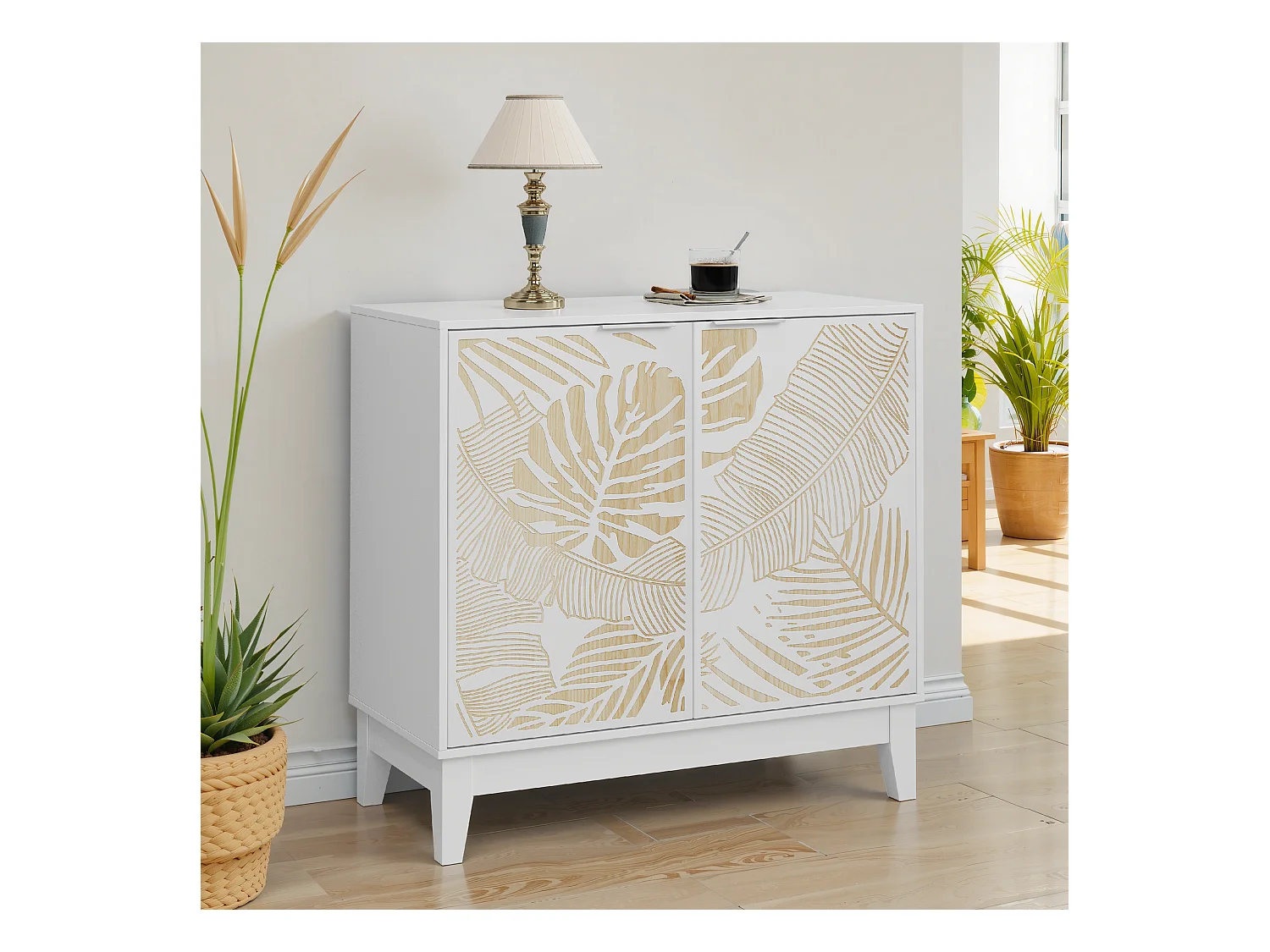 Buffet de buffet vintage avec sculpture florale, avec portes et étagères réglables, pour salon,Blanc