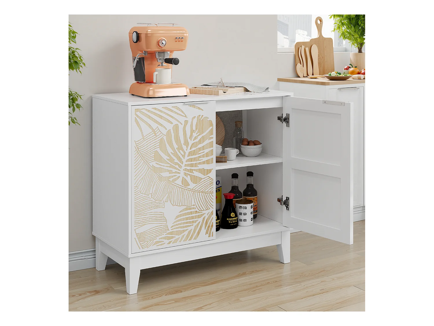 Buffet de buffet vintage avec sculpture florale, avec portes et étagères réglables, pour salon,Blanc