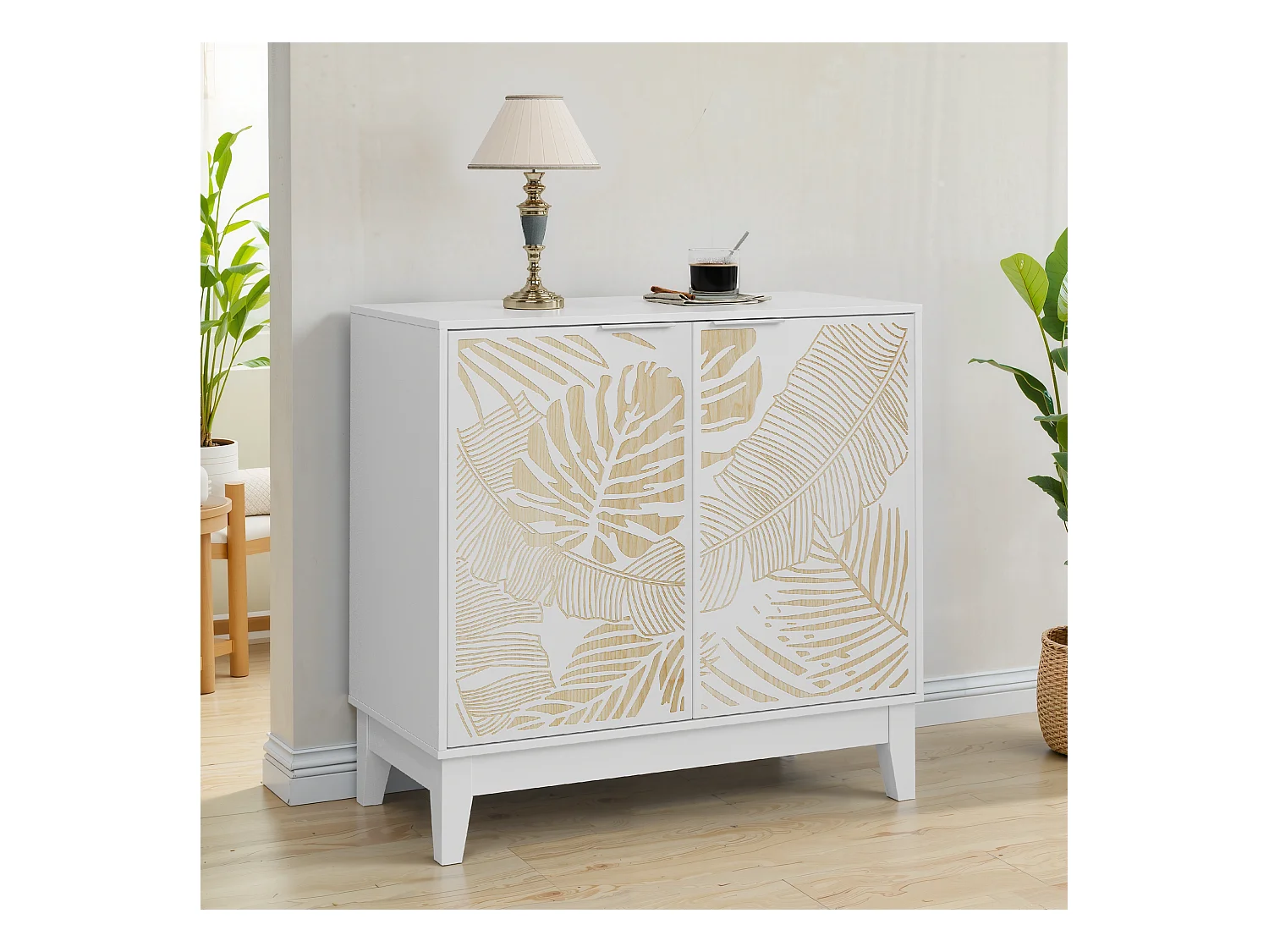 Buffet de buffet vintage avec sculpture florale, avec portes et étagères réglables, pour salon,Blanc