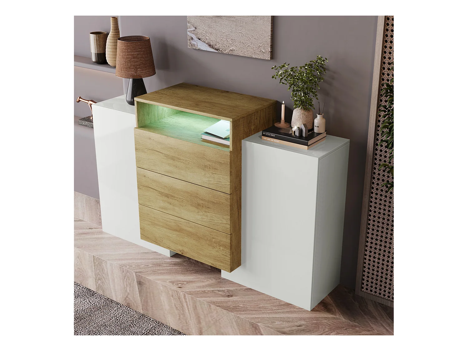 Buffet Blanc et Bois avec Lumière LED, Buffet de Salon avec 2 Portes et 3 Tiroirs