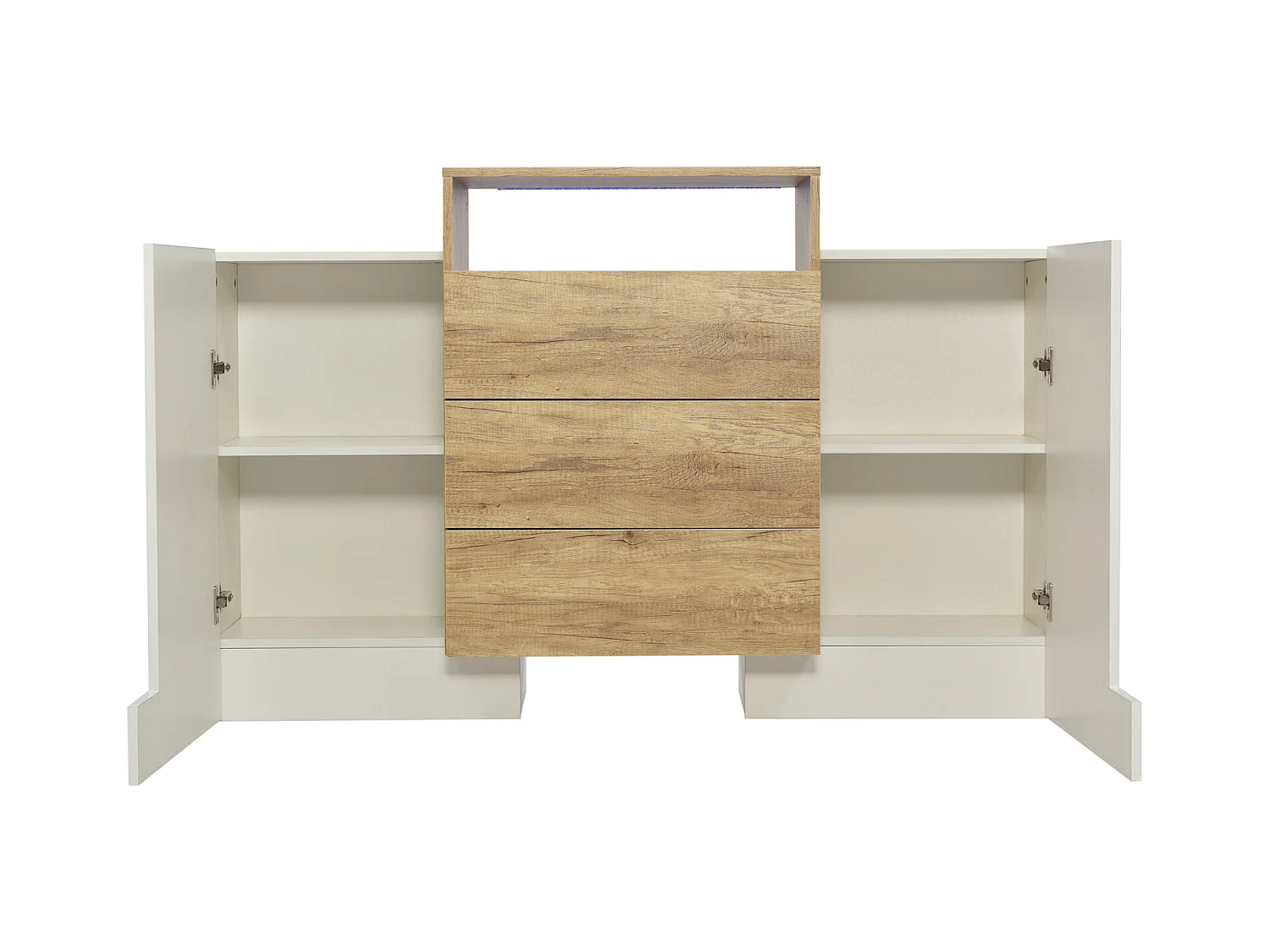 Buffet Blanc et Bois avec Lumière LED, Buffet de Salon avec 2 Portes et 3 Tiroirs