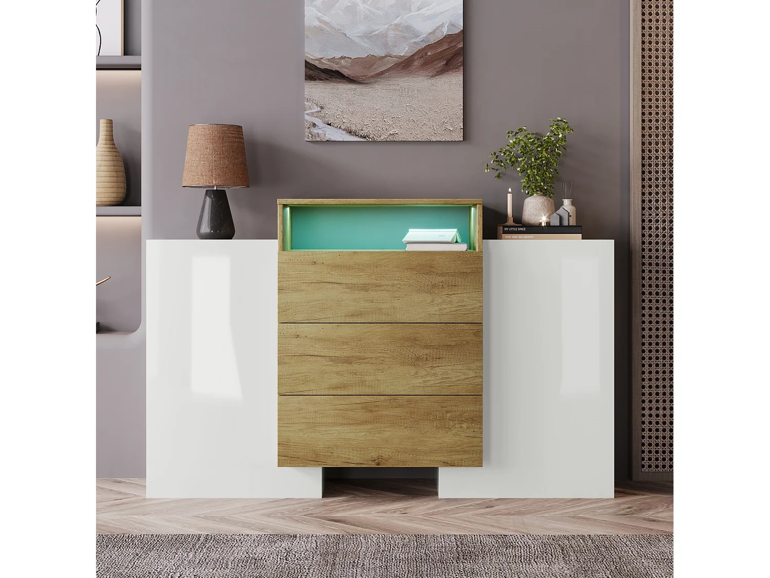 Wit en houten dressoir met led-verlichting, dressoir voor in de woonkamer met 2 deuren en 3 lades