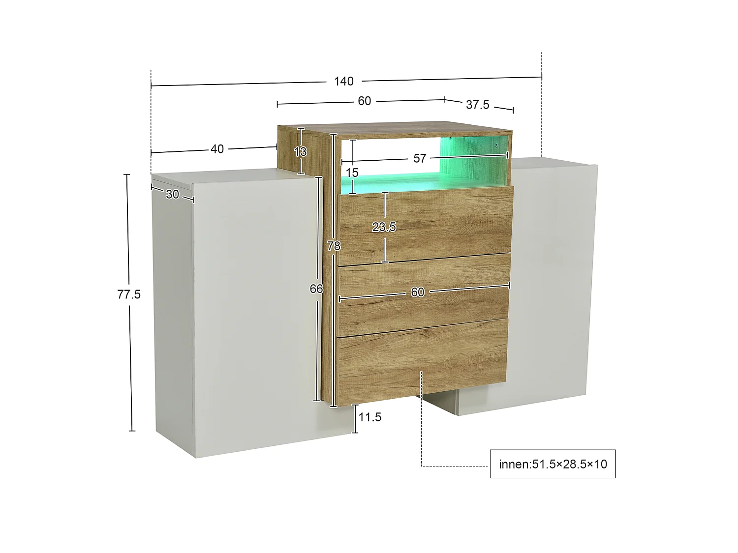 Wit en houten dressoir met led-verlichting, dressoir voor in de woonkamer met 2 deuren en 3 lades