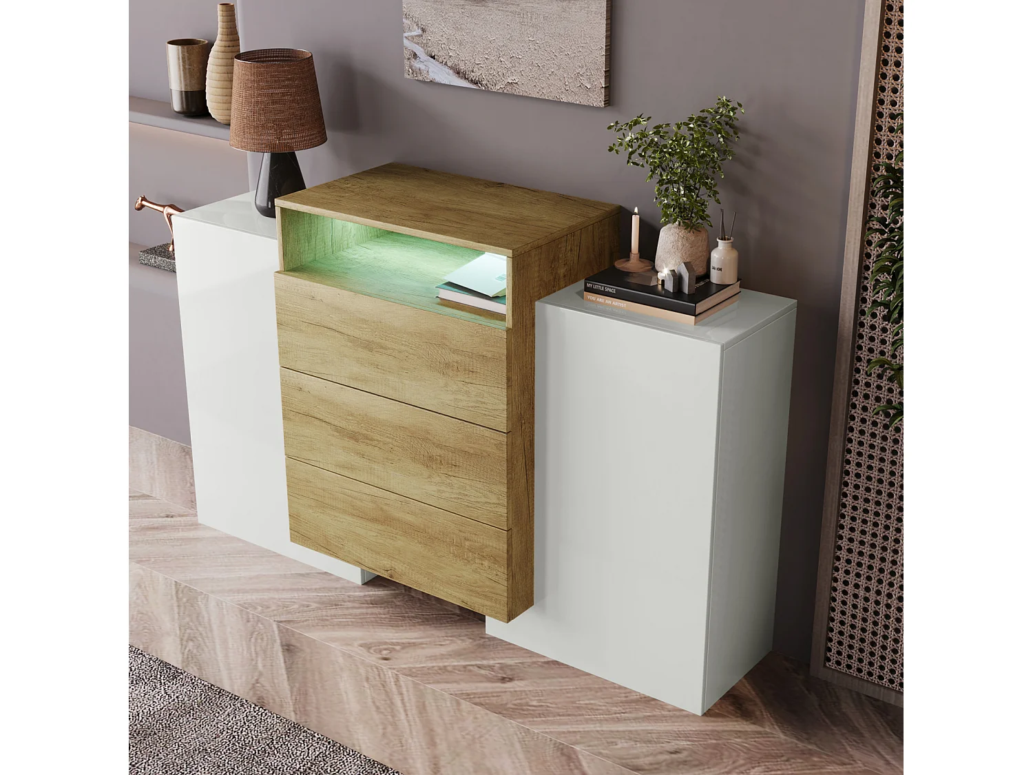 Wit en houten dressoir met led-verlichting, dressoir voor in de woonkamer met 2 deuren en 3 lades