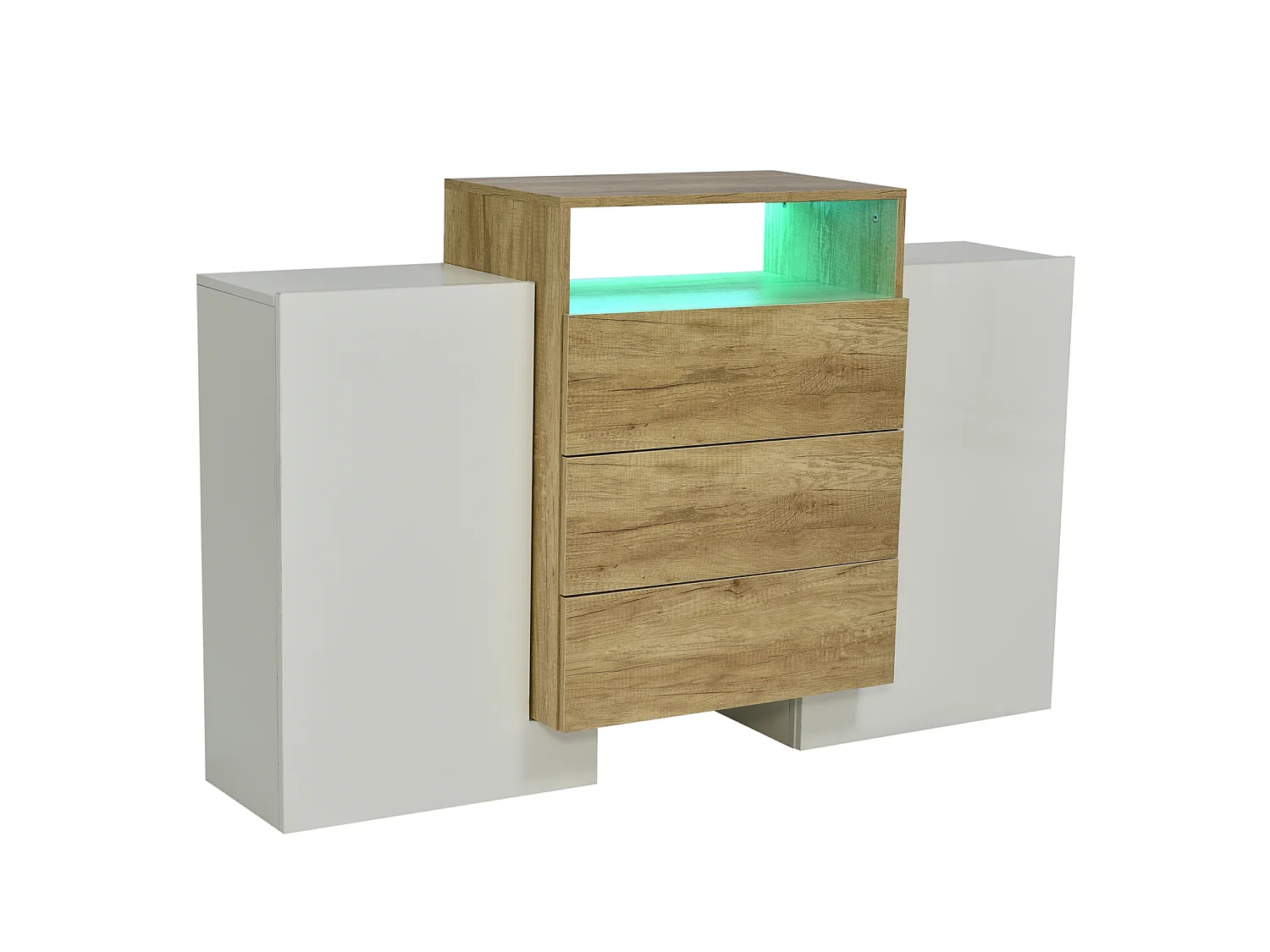Wit en houten dressoir met led-verlichting, dressoir voor in de woonkamer met 2 deuren en 3 lades