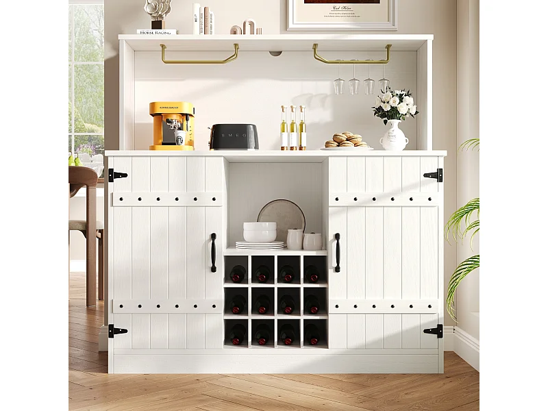 Buffet de cuisine 120cm en mdf avec portes, cave à vin, support pour verres à vin et 1 niche, blanc