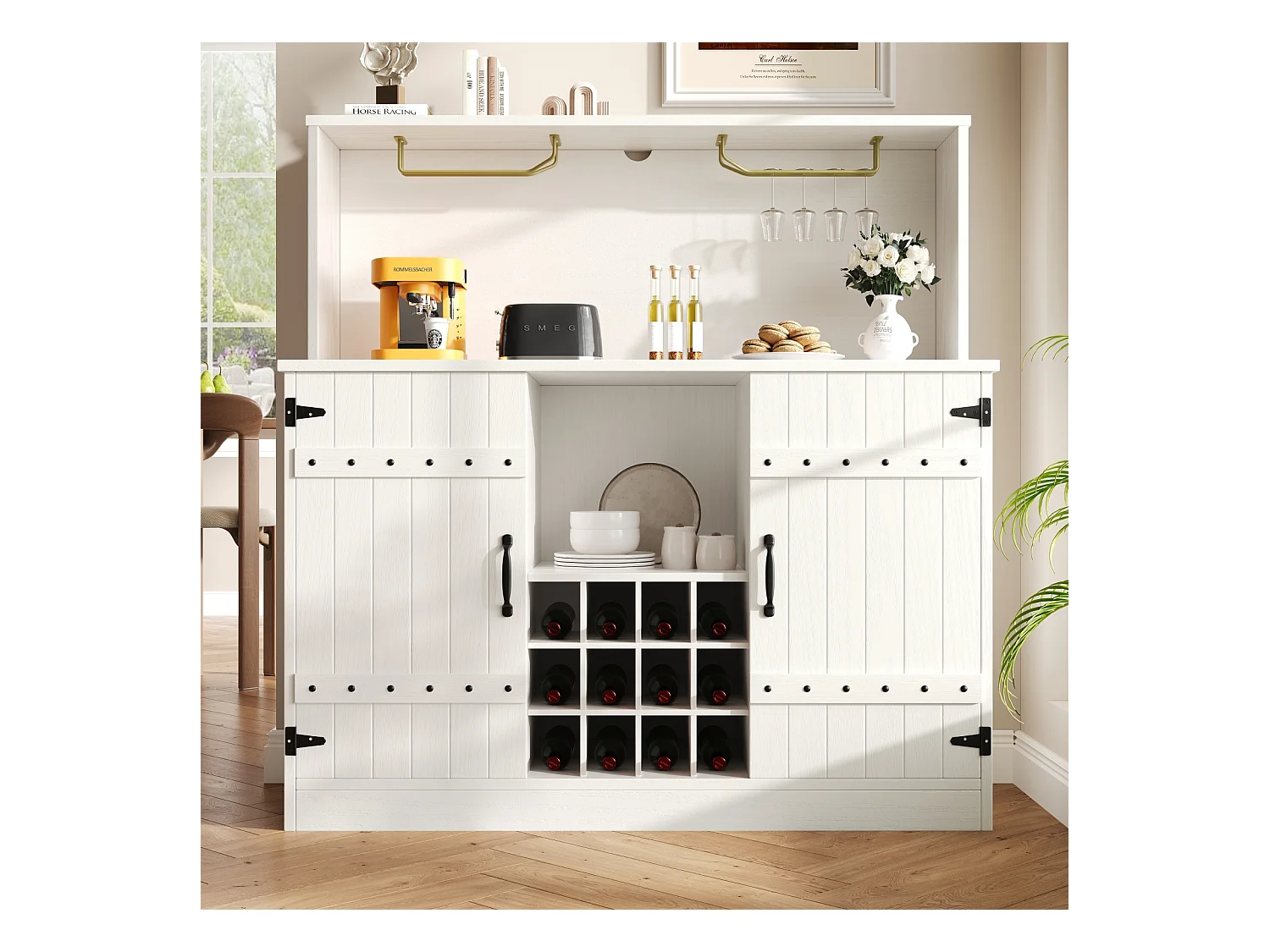 Aparador de cocina de MDF de 120 cm con puertas, vinoteca, portacopas y 1 nicho, color blanco