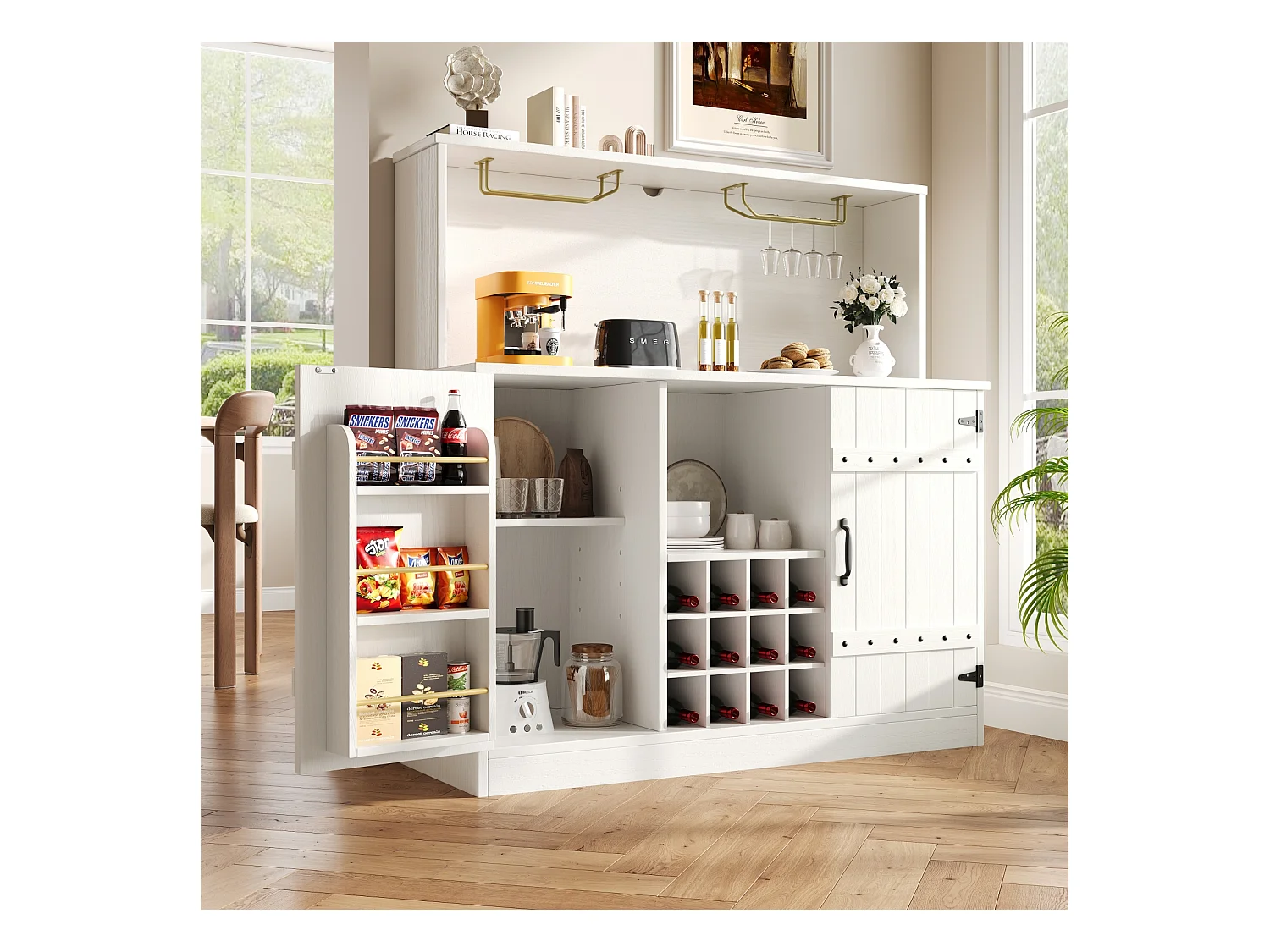 Aparador de cocina de MDF de 120 cm con puertas, vinoteca, portacopas y 1 nicho, color blanco