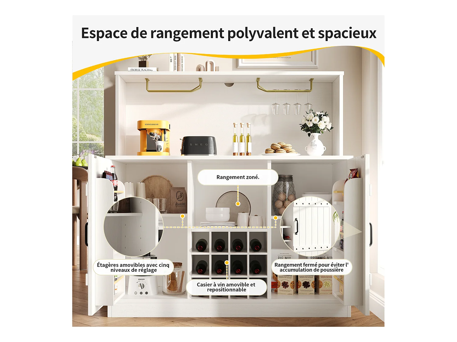 Aparador de cocina de MDF de 120 cm con puertas, vinoteca, portacopas y 1 nicho, color blanco