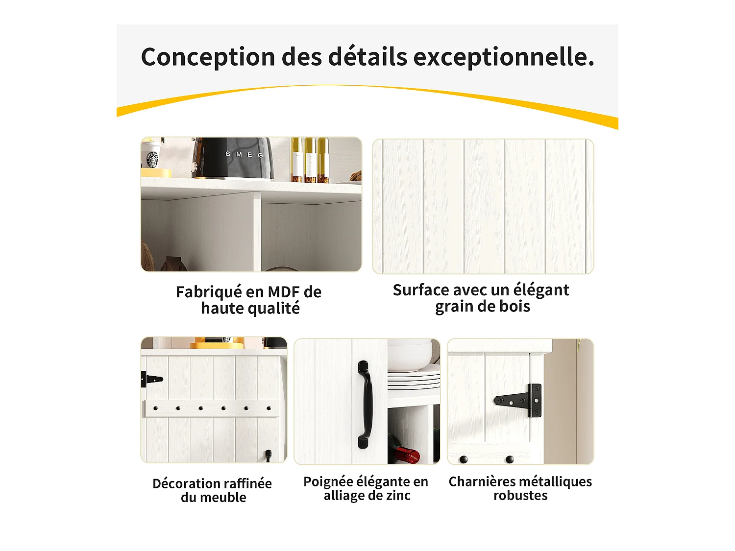 Aparador de cocina de MDF de 120 cm con puertas, vinoteca, portacopas y 1 nicho, color blanco