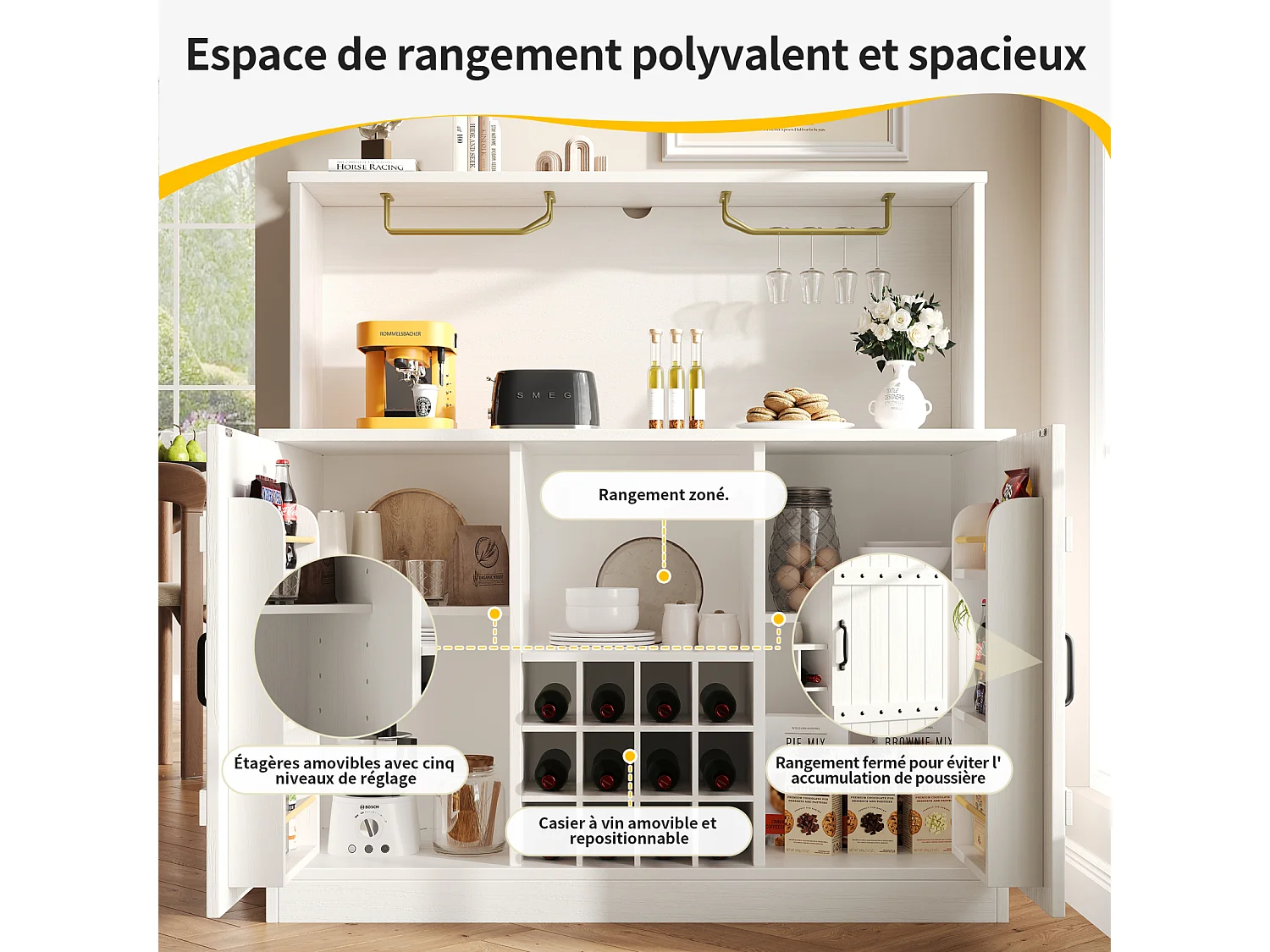 Buffet de cuisine 120cm en mdf avec portes, cave à vin, support pour verres à vin et 1 niche, blanc