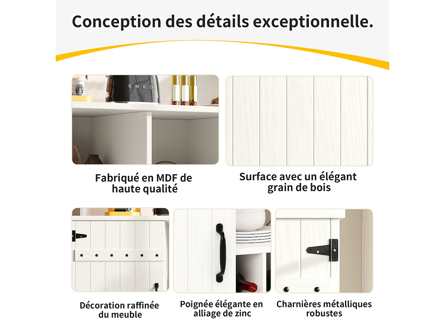 Buffet de cuisine 120cm en mdf avec portes, cave à vin, support pour verres à vin et 1 niche, blanc