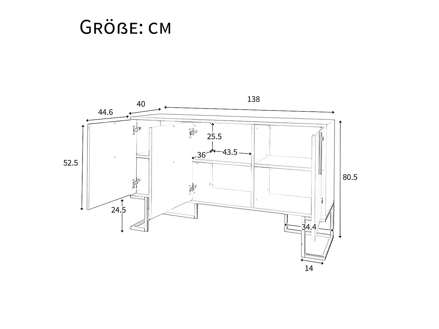 Modern 3-deurs dressoir met verstelbare planken, U-vormige kastdeuren, 138 x 40 x 80 cm, wit