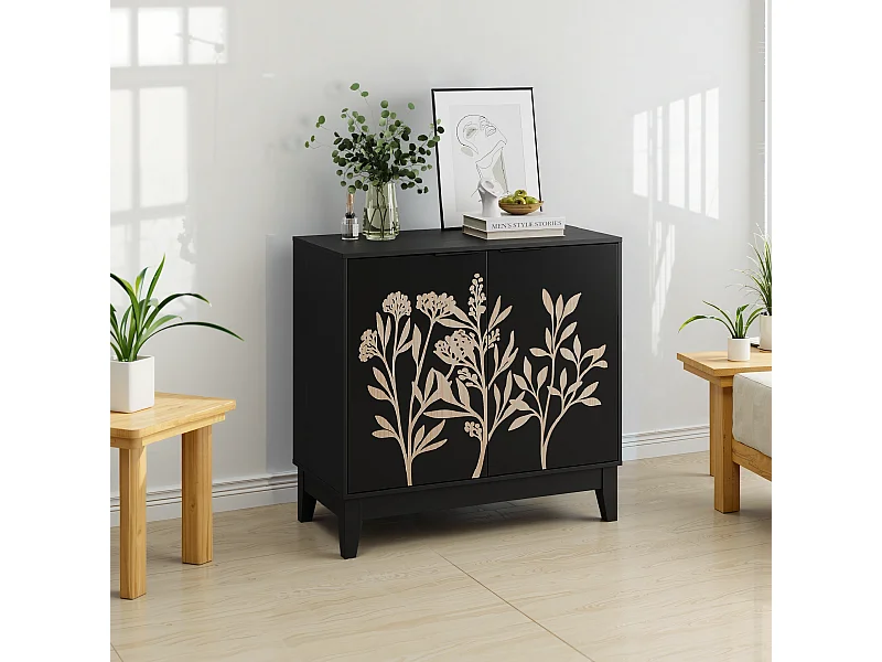 Buffet de buffet vintage avec sculpture florale, avec portes et étagères réglables, pour salon, Noir