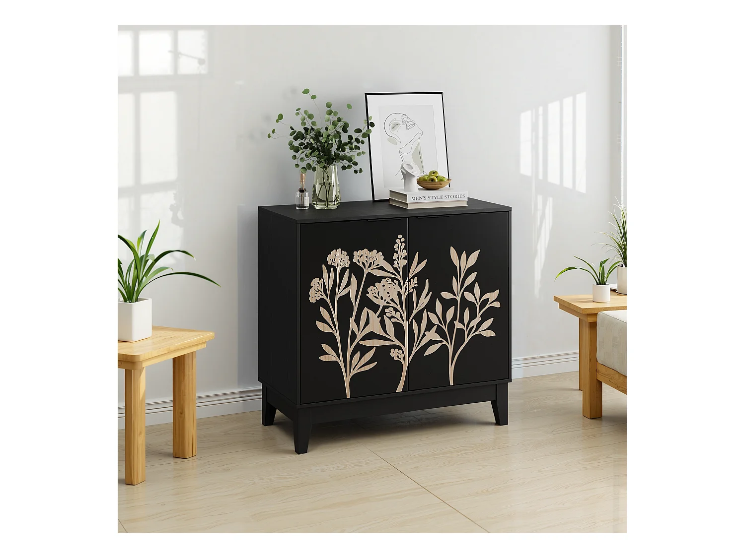 Buffet de buffet vintage avec sculpture florale, avec portes et étagères réglables, pour salon, Noir