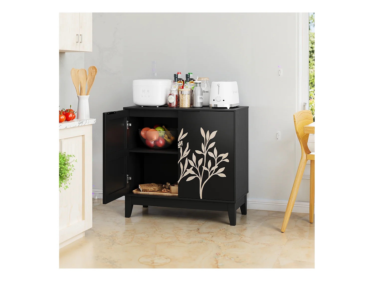 Buffet de buffet vintage avec sculpture florale, avec portes et étagères réglables, pour salon, Noir