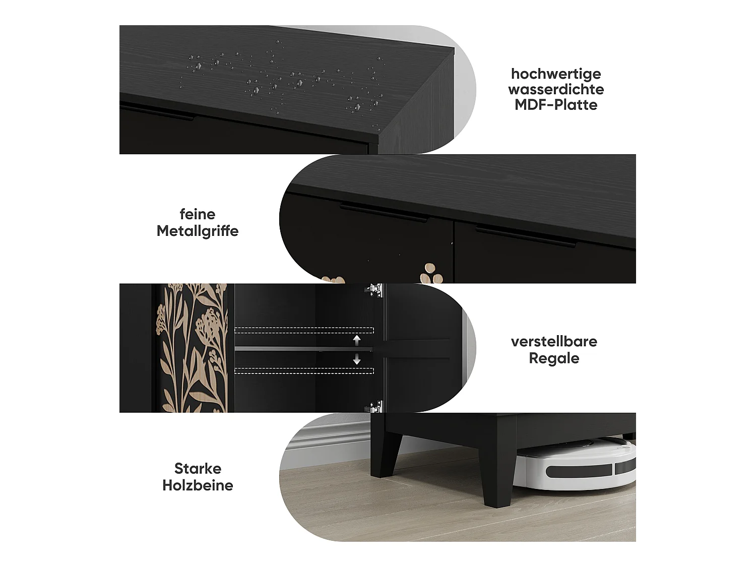 Buffet de buffet vintage avec sculpture florale, avec portes et étagères réglables, pour salon, Noir