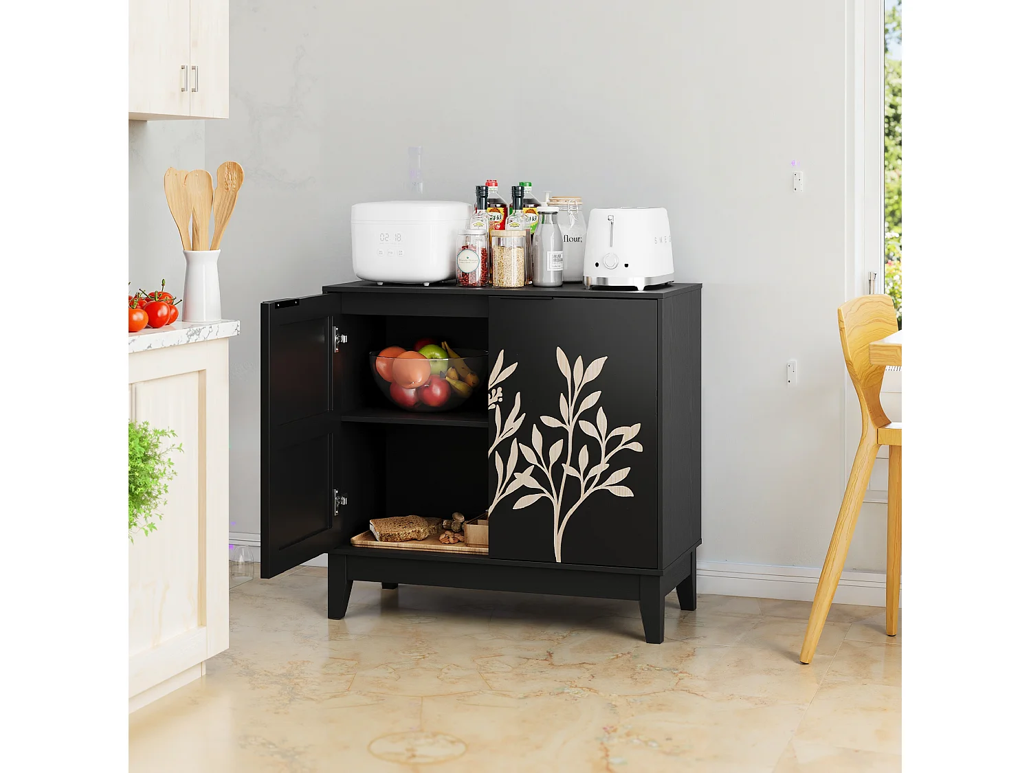 Buffet de buffet vintage avec sculpture florale, avec portes et étagères réglables, pour salon, Noir