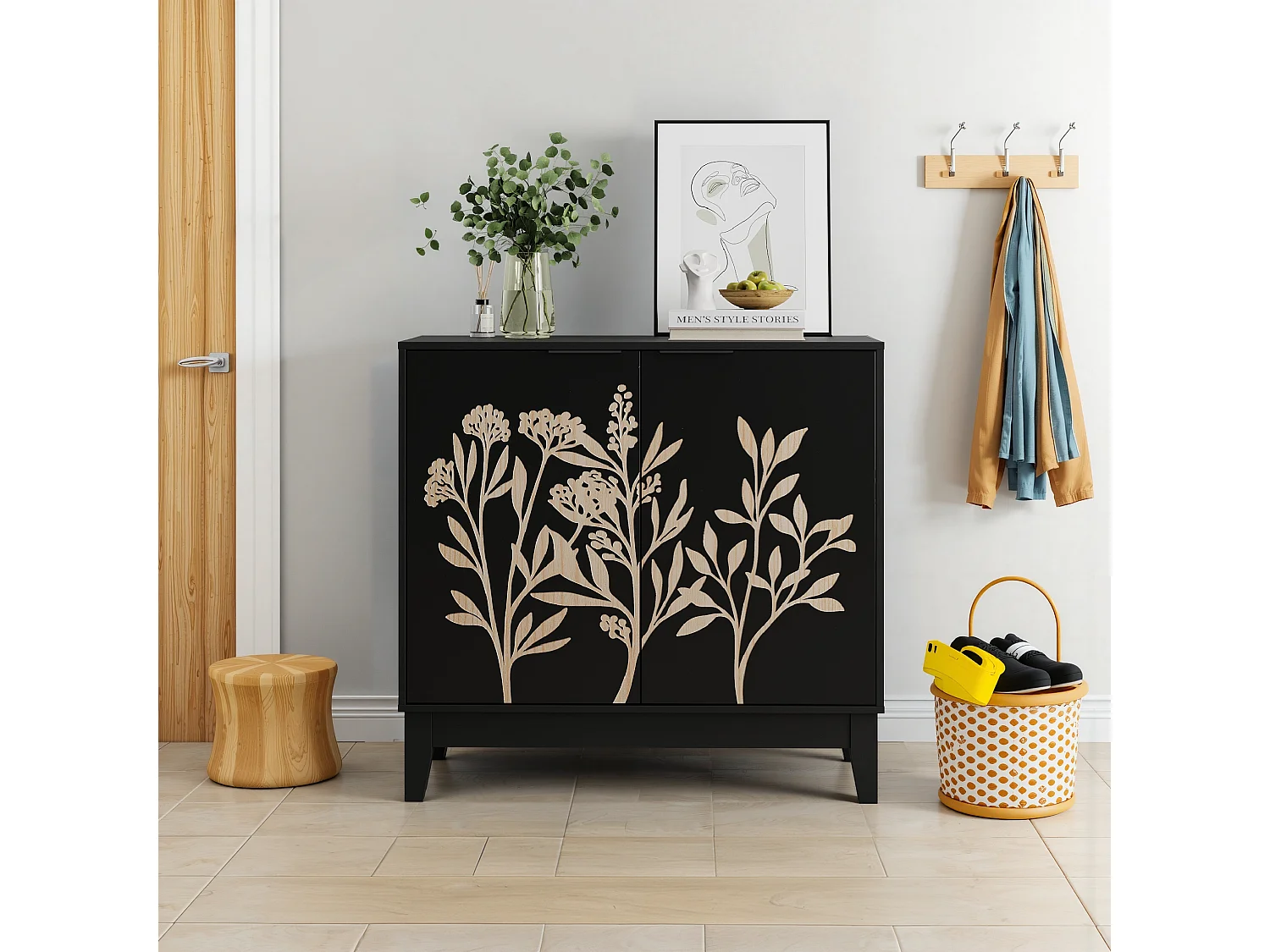 Buffet de buffet vintage avec sculpture florale, avec portes et étagères réglables, pour salon, Noir