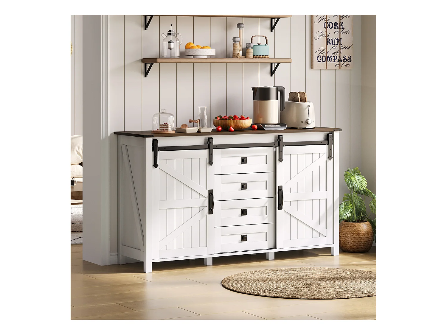 Buffet Commode en MDF 137 × 40 × 81.5 cm avec 2 Portes, 4 Tiroirs et Rangement Ouvert - Blanc