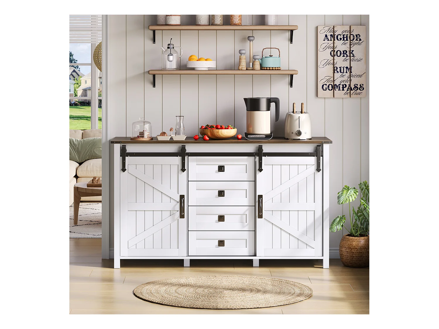 Buffet Commode en MDF 137 × 40 × 81.5 cm avec 2 Portes, 4 Tiroirs et Rangement Ouvert - Blanc